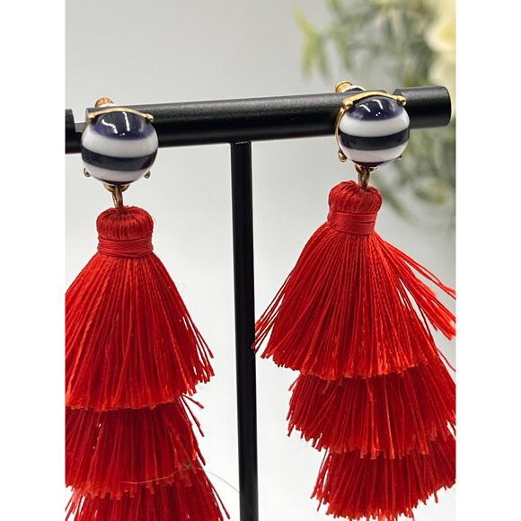 J. Crew Blue White Striped Three Tier Red Tassel Earrings - Picture 2 of 8